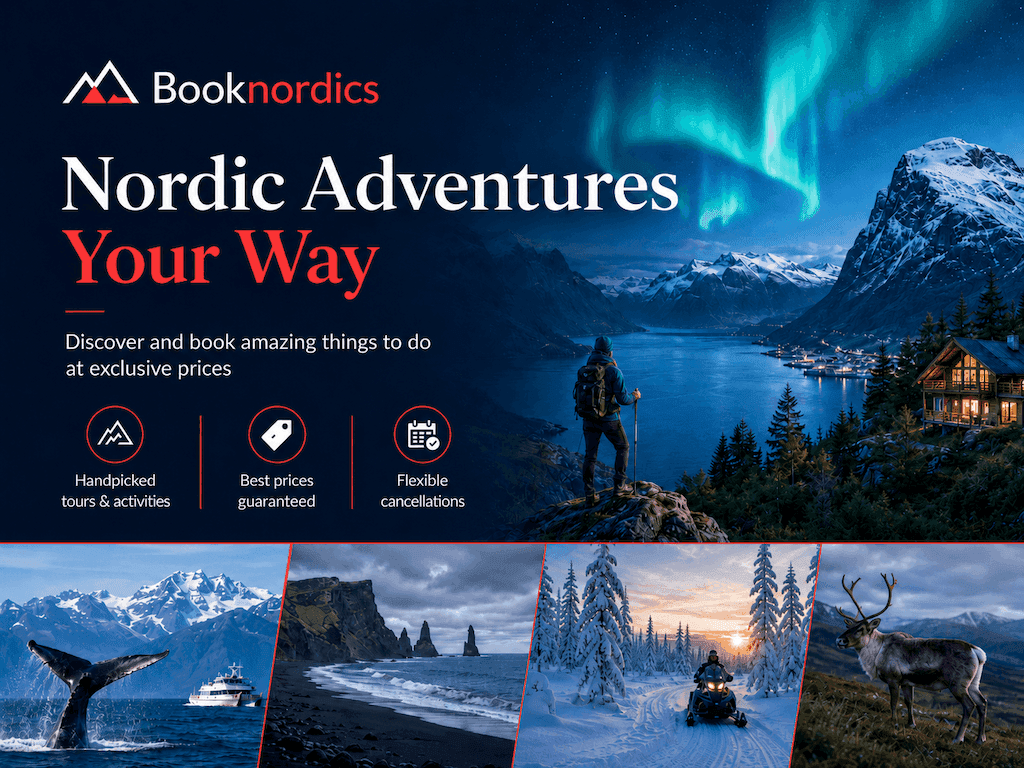 BookNordics platform showing a Nordic tour listing with mountain lodge imagery and booking interface