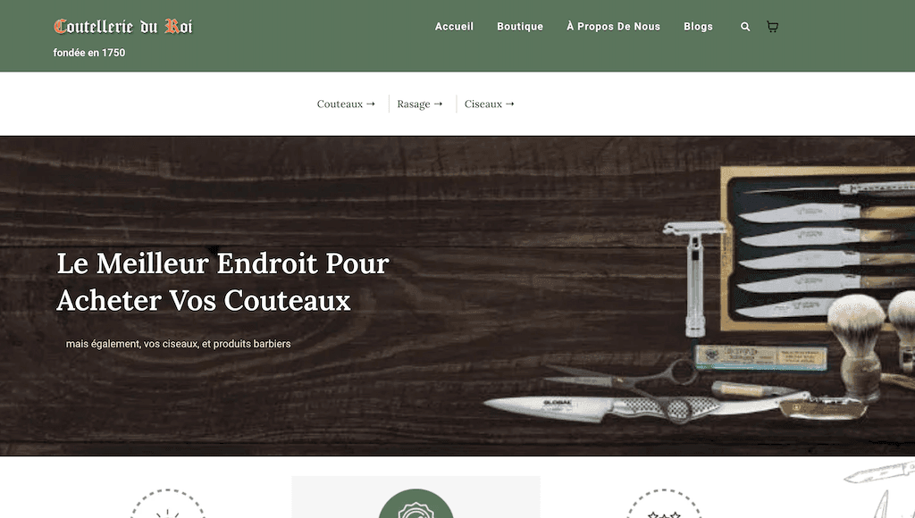 Coutellerie du Roi homepage showing the hero section and product category navigation for knives, scissors, and shaving
