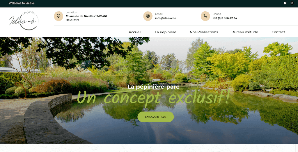 Les Jardins Idée-ô homepage showing a lush garden hero with Japanese pond and plant nursery navigation