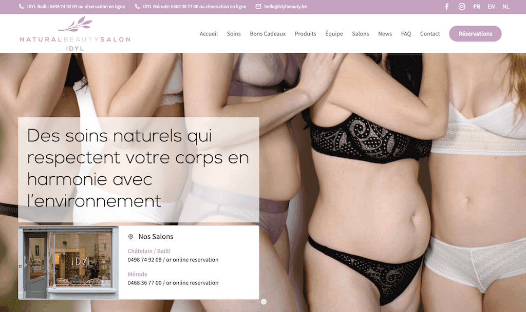 IDYL Natural Beauty Salon homepage showing hero image and multilingual navigation in French