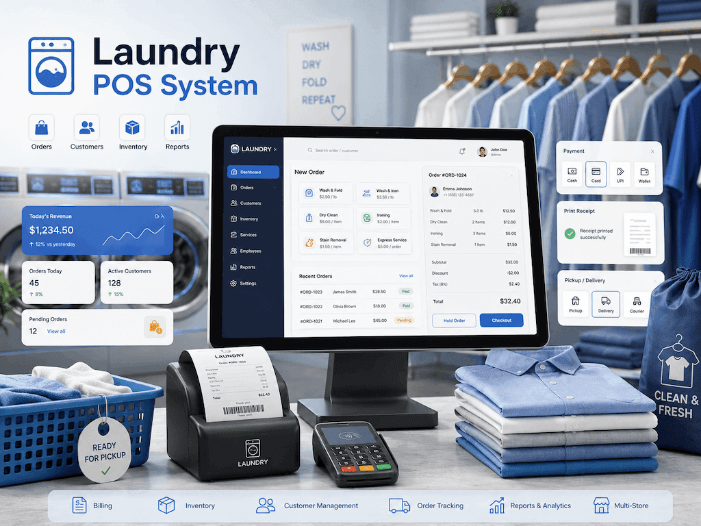 Laundry POS dashboard showing the order management screen with status indicators and customer panel