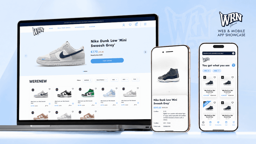 WeRenewSneakers storefront showing sneaker listings with buy, sell, and restoration options
